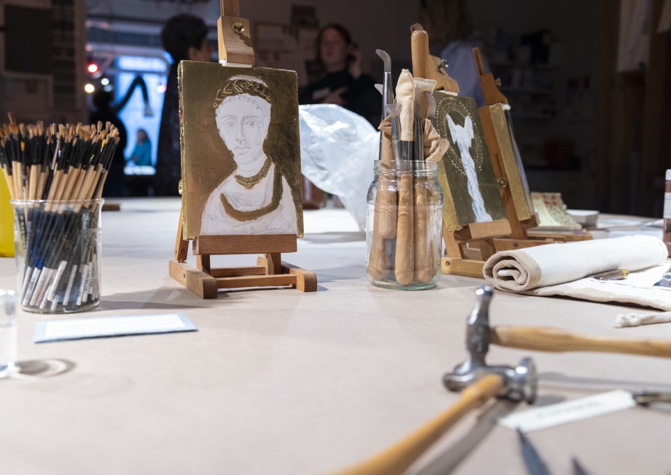 A table with art conservation materials